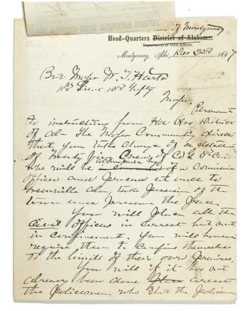 (RACE RIOT.) SWAYNE, MAJOR GENERAL WAGER. Documents ordering the arrest of a policeman for the shooting of an unarmed black man, and pl